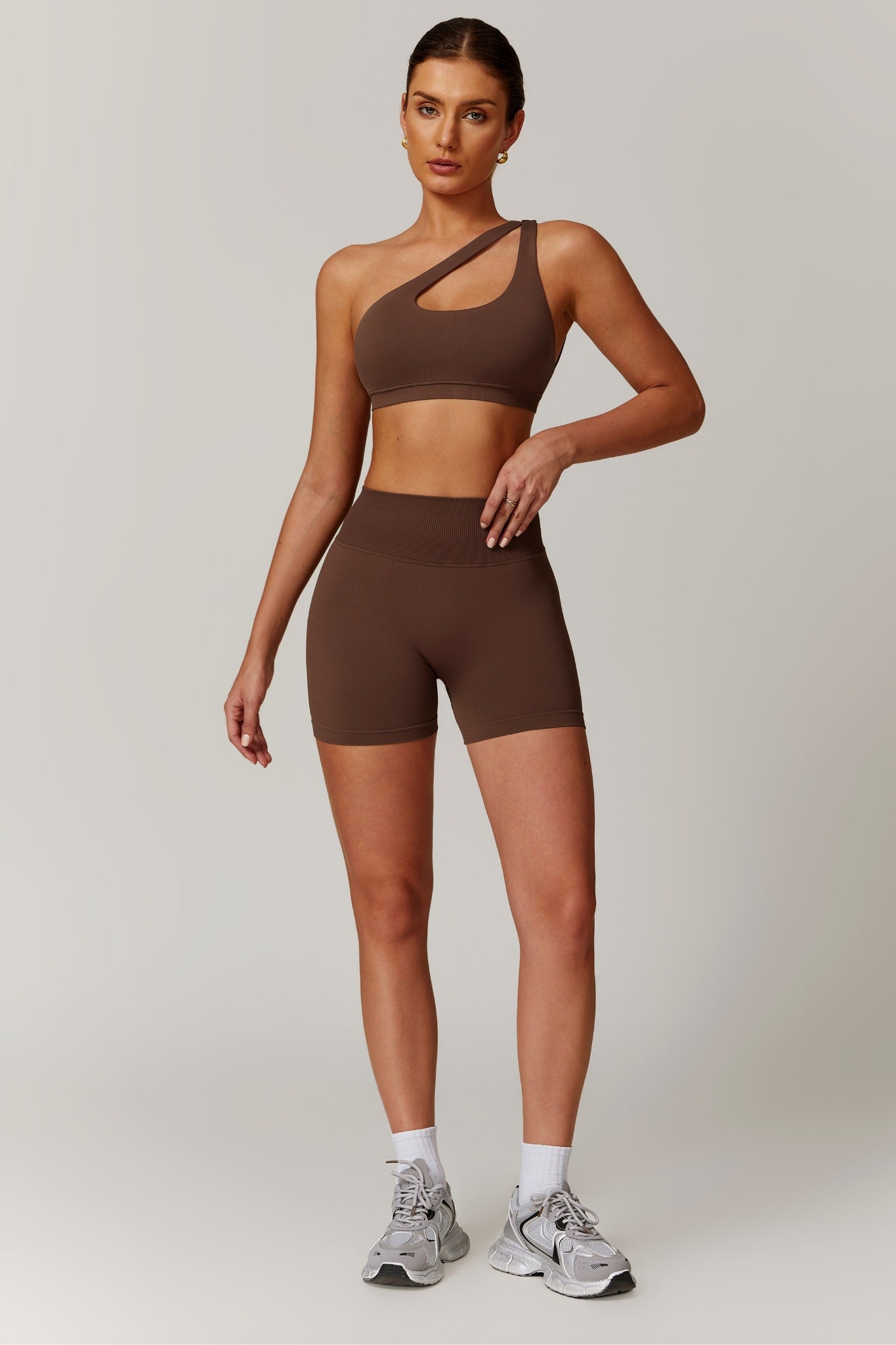 Aurora One Shoulder Sports Bra - Brown - Maison and Aurora