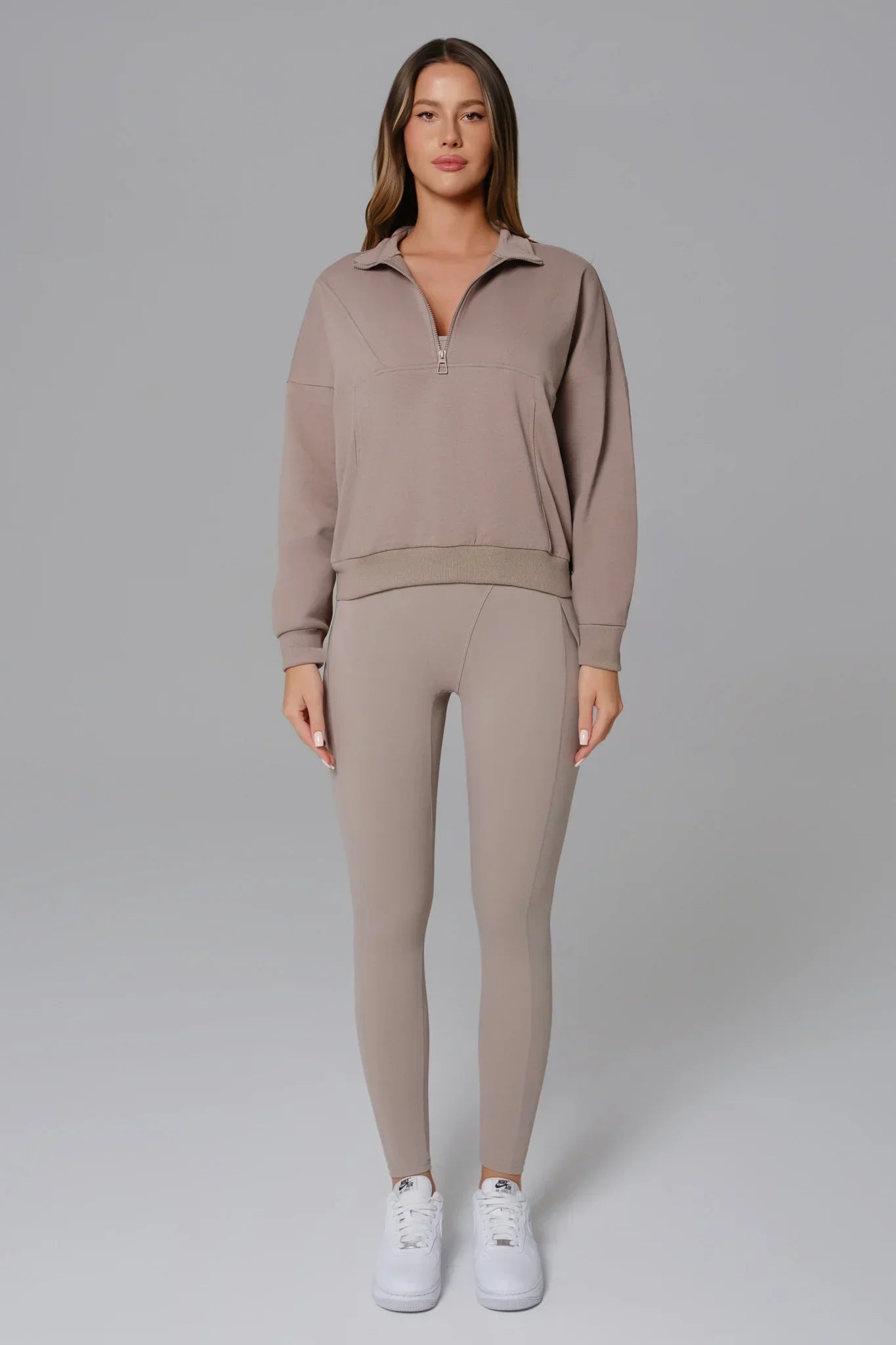 Maison and Aurora essential open back jumpsuit in greige, featuring a stylish back design and comfortable fit.
