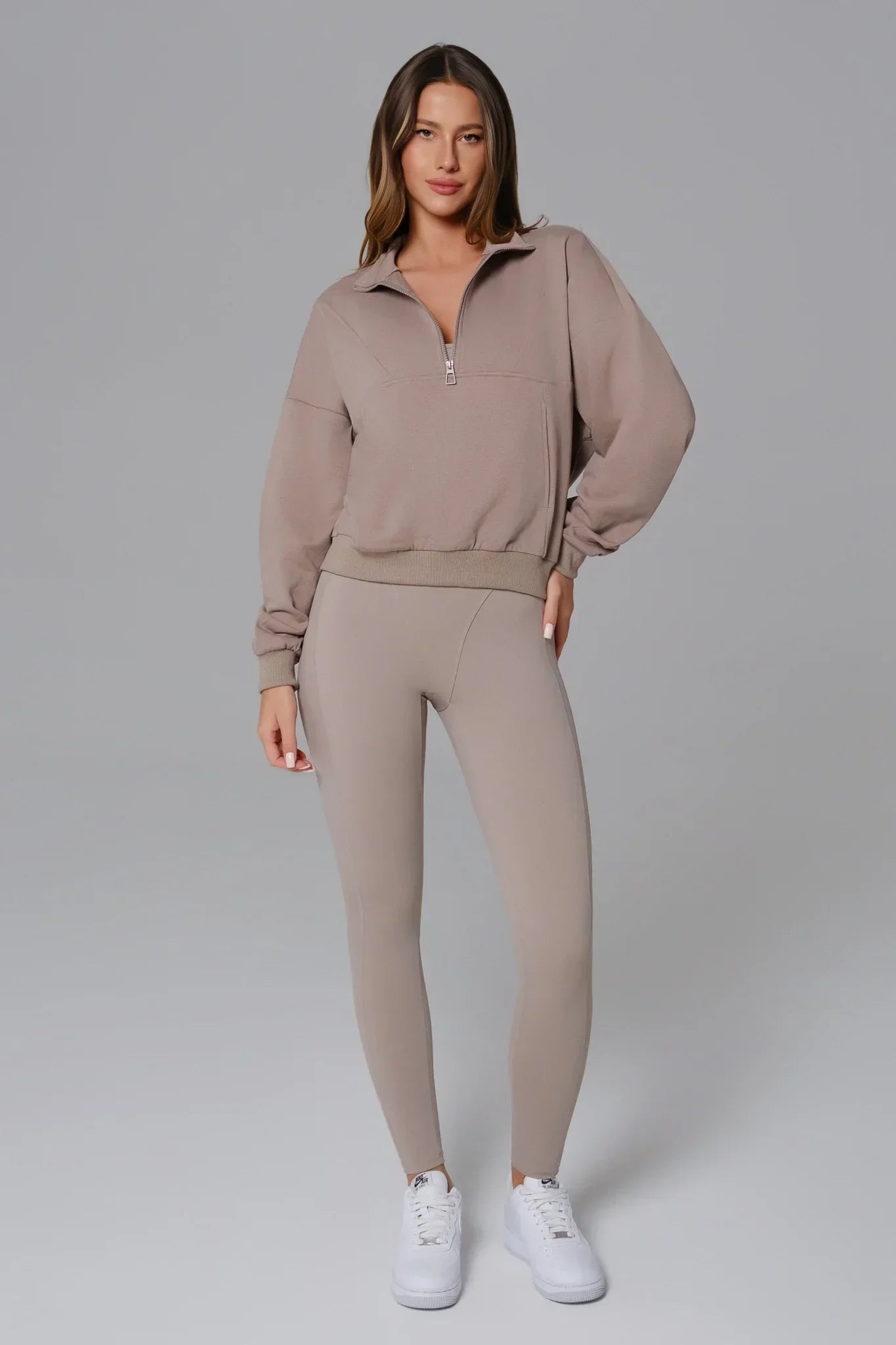 Maison and Aurora essential open back jumpsuit in greige, featuring a sleek design and stylish back detail.