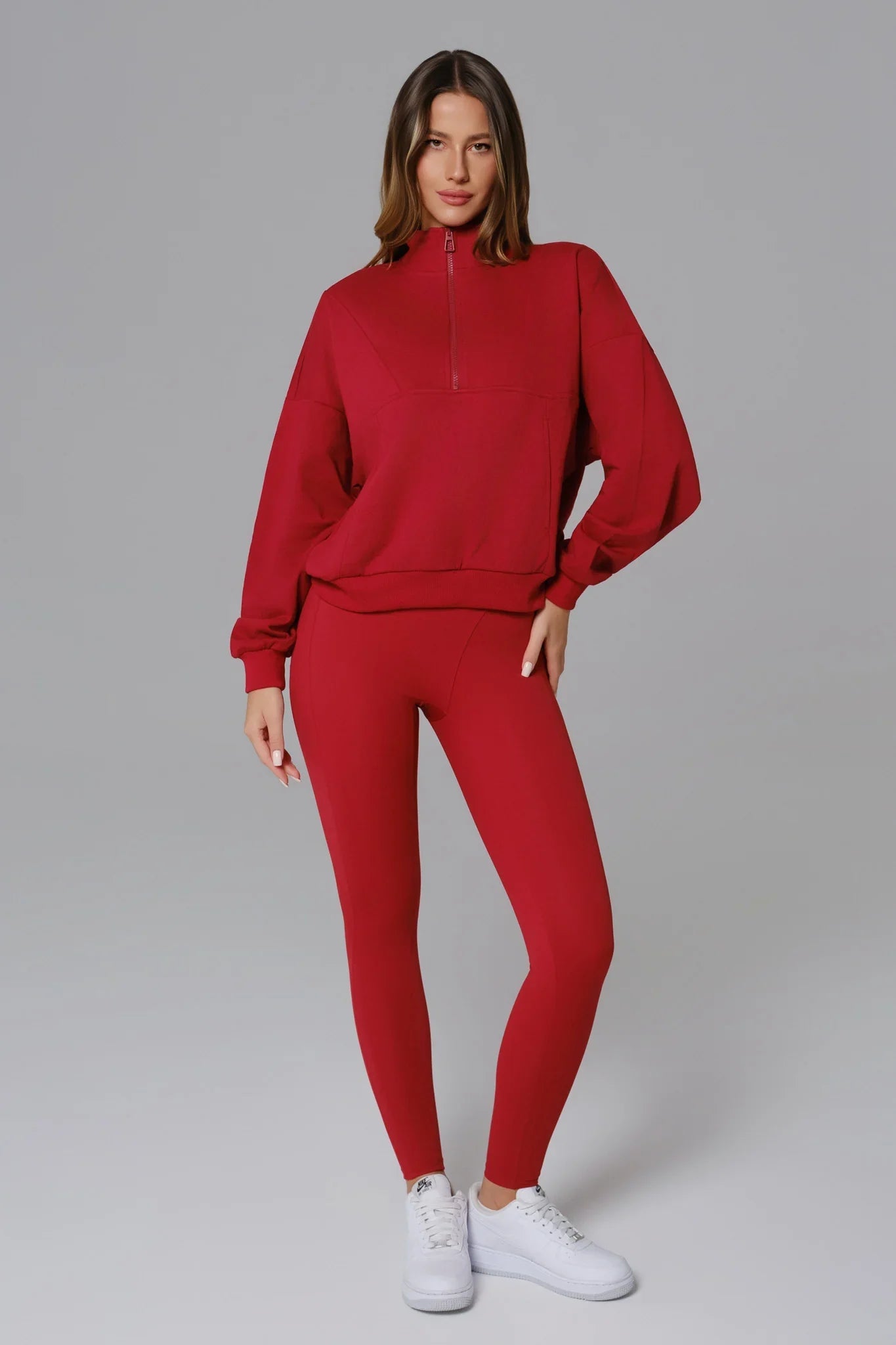 Maison and Aurora Essential Half Zip Sweatshirt in Ember Red, a stylish and comfortable red top with a half-zip front.