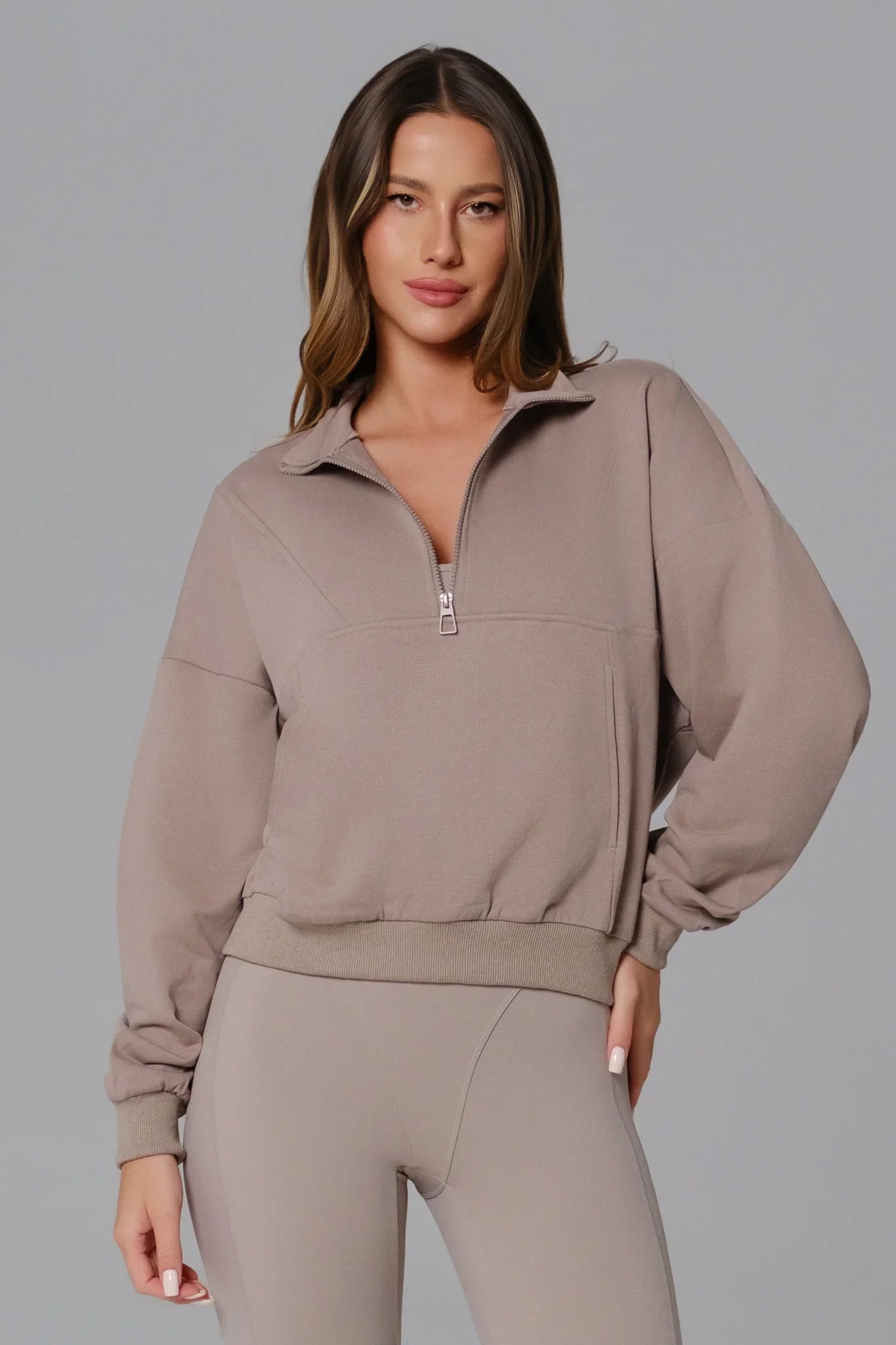 Maison and Aurora essential half zip sweatshirt in greige, casual top with a stand-up collar and relaxed fit for everyday wear.