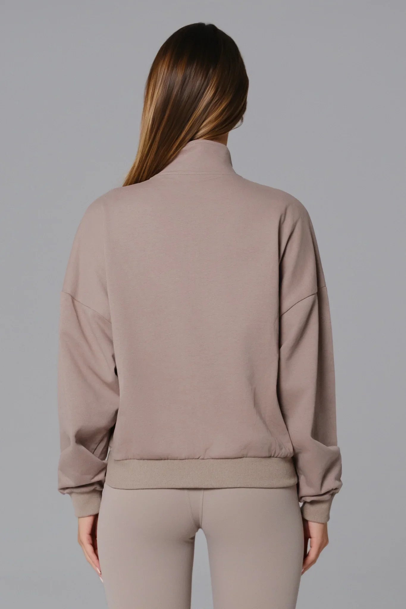 Maison and Aurora Essential Half Zip Sweatshirt in greige, casual top with a half-zip collar and relaxed fit.