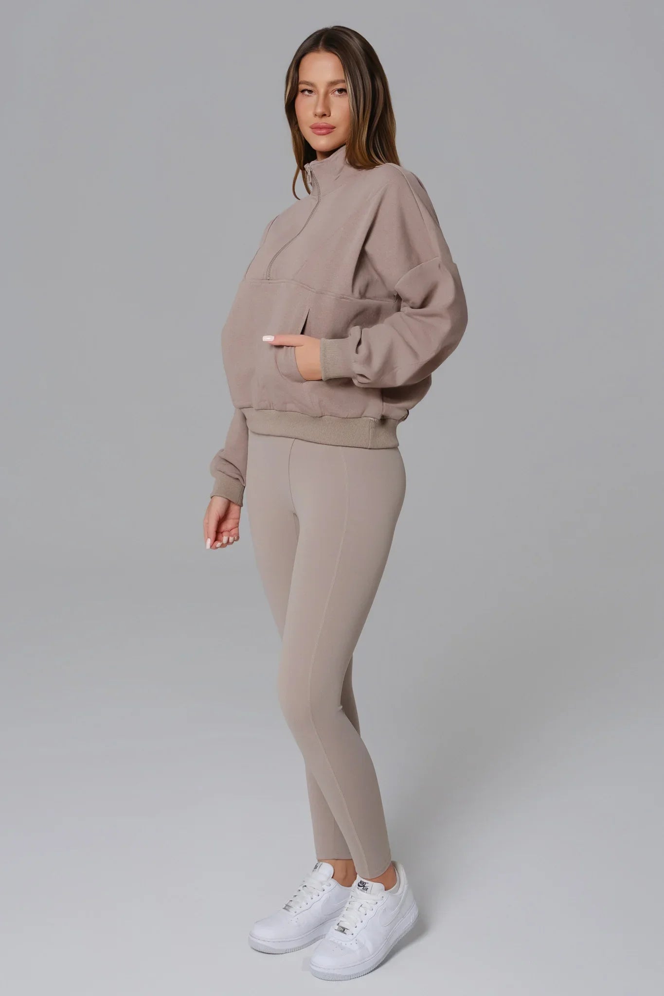 Maison and Aurora greige Essential Half Zip Sweatshirt, casual top with a half-zip collar, displayed on a neutral background.