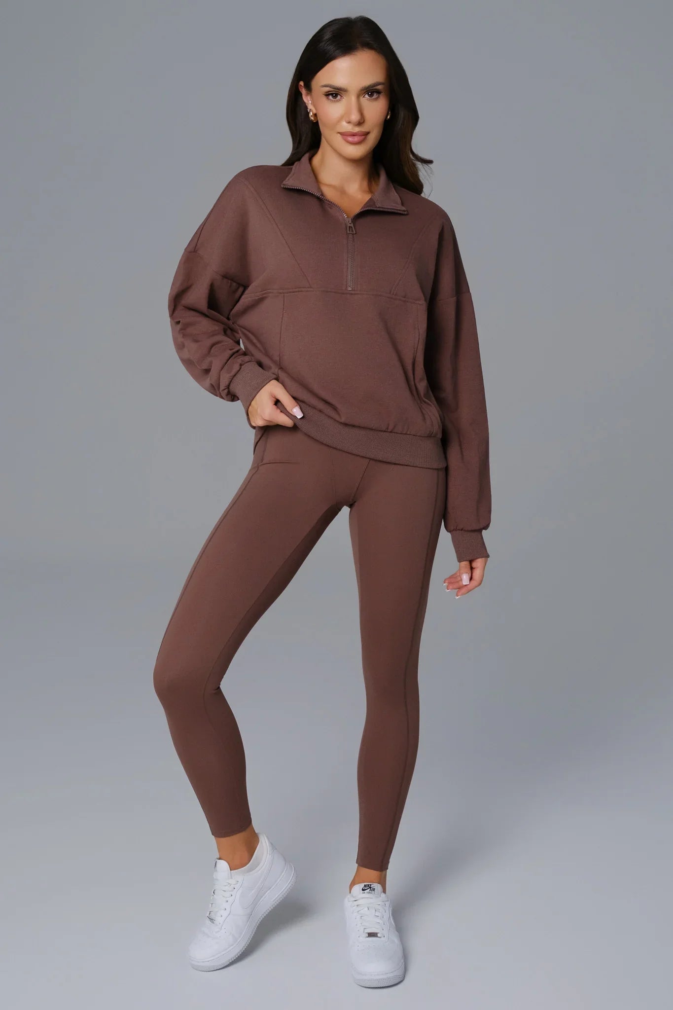 Maison and Aurora Essential Half Zip Sweatshirt in Umber, casual tops with a half zip front and comfortable fit.