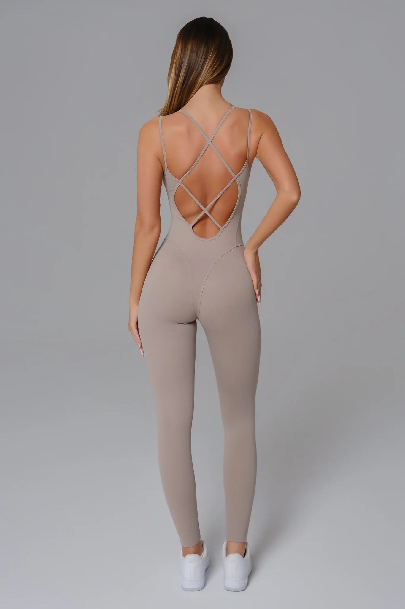 Maison and Aurora Essential open back jumpsuit in greige, featuring a stylish design and comfortable fit.