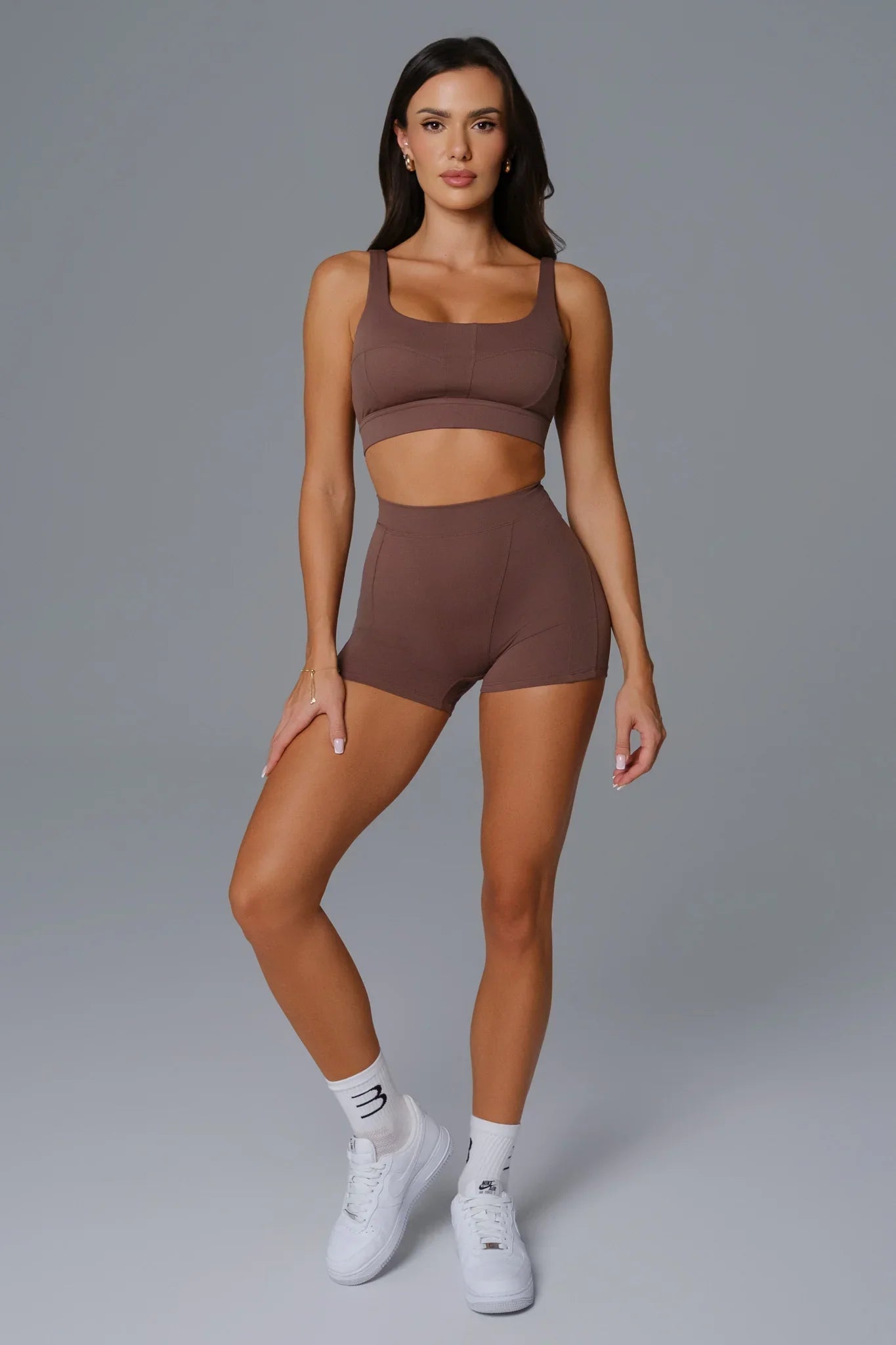 Maison and Aurora essential high waist seamless scrunch shorts in umber, showcasing a comfortable, form-fitting design with seamless construction.