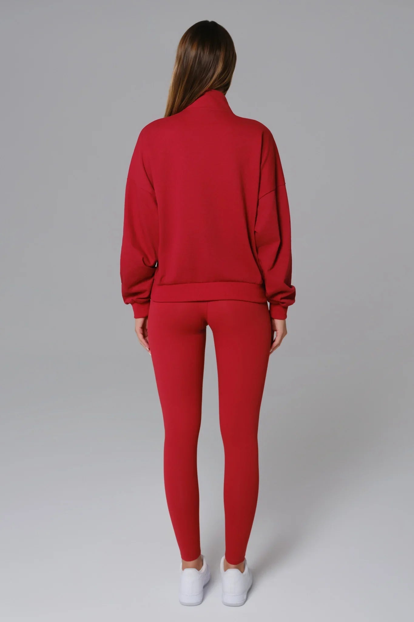 Maison and Aurora Essential Half Zip Sweatshirt in Ember Red, casual red tops with a half zip design and comfortable fit.