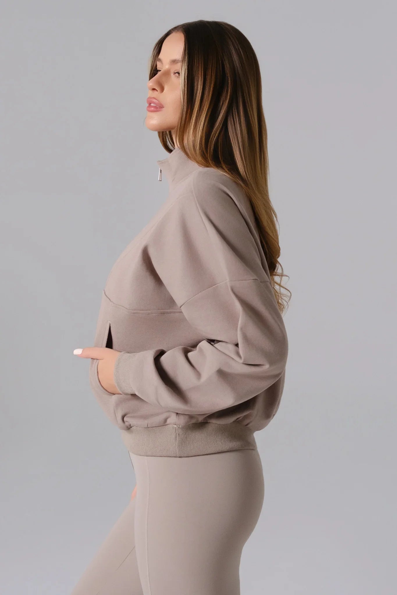 Maison and Aurora Essential Half Zip Sweatshirt in Greige, casual tops with a half zip design and soft fabric.