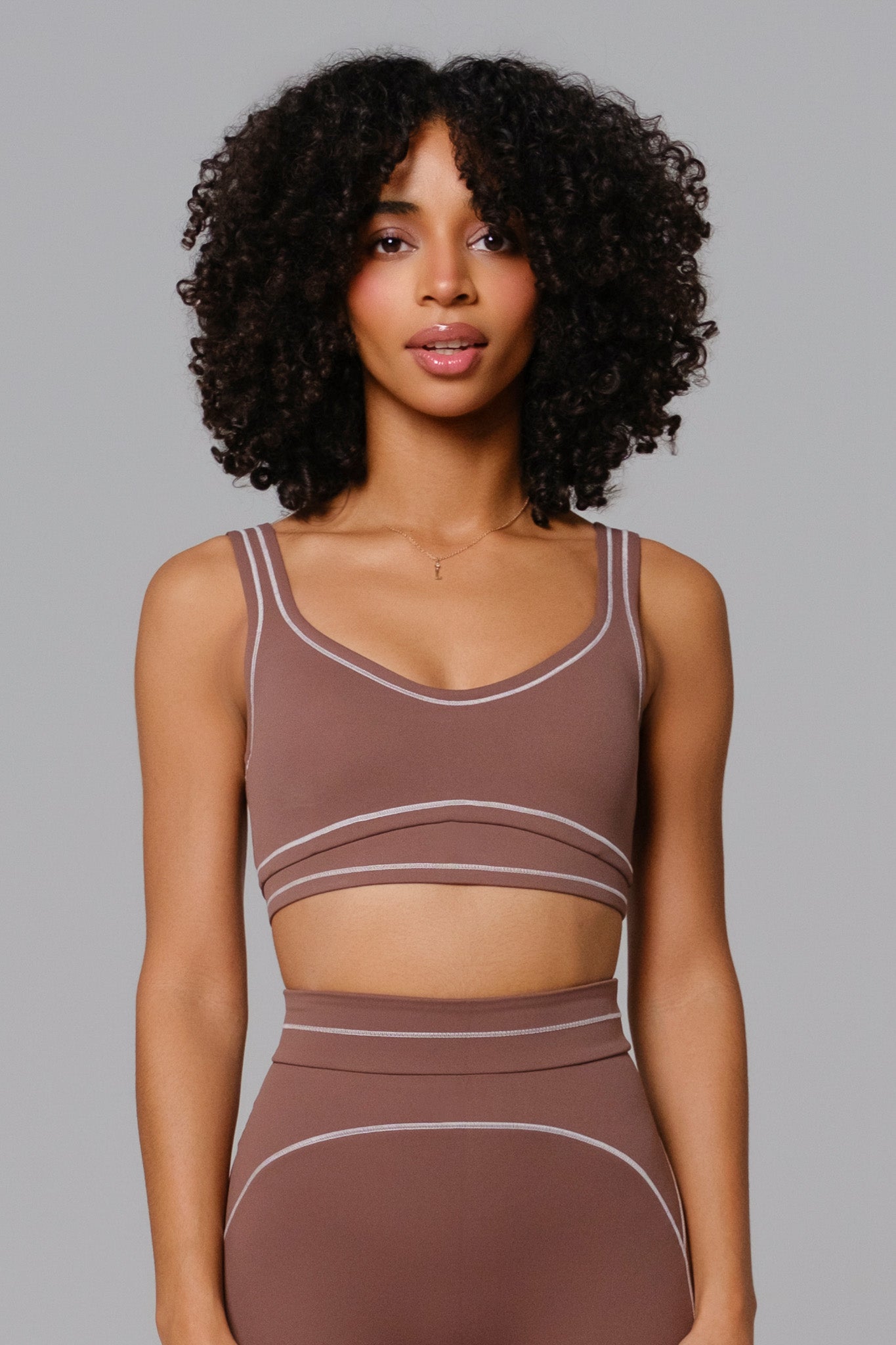Soft Chestnut Shelly Sports Bra by Maison and Aurora, featuring a comfortable design and supportive fit for active wear.