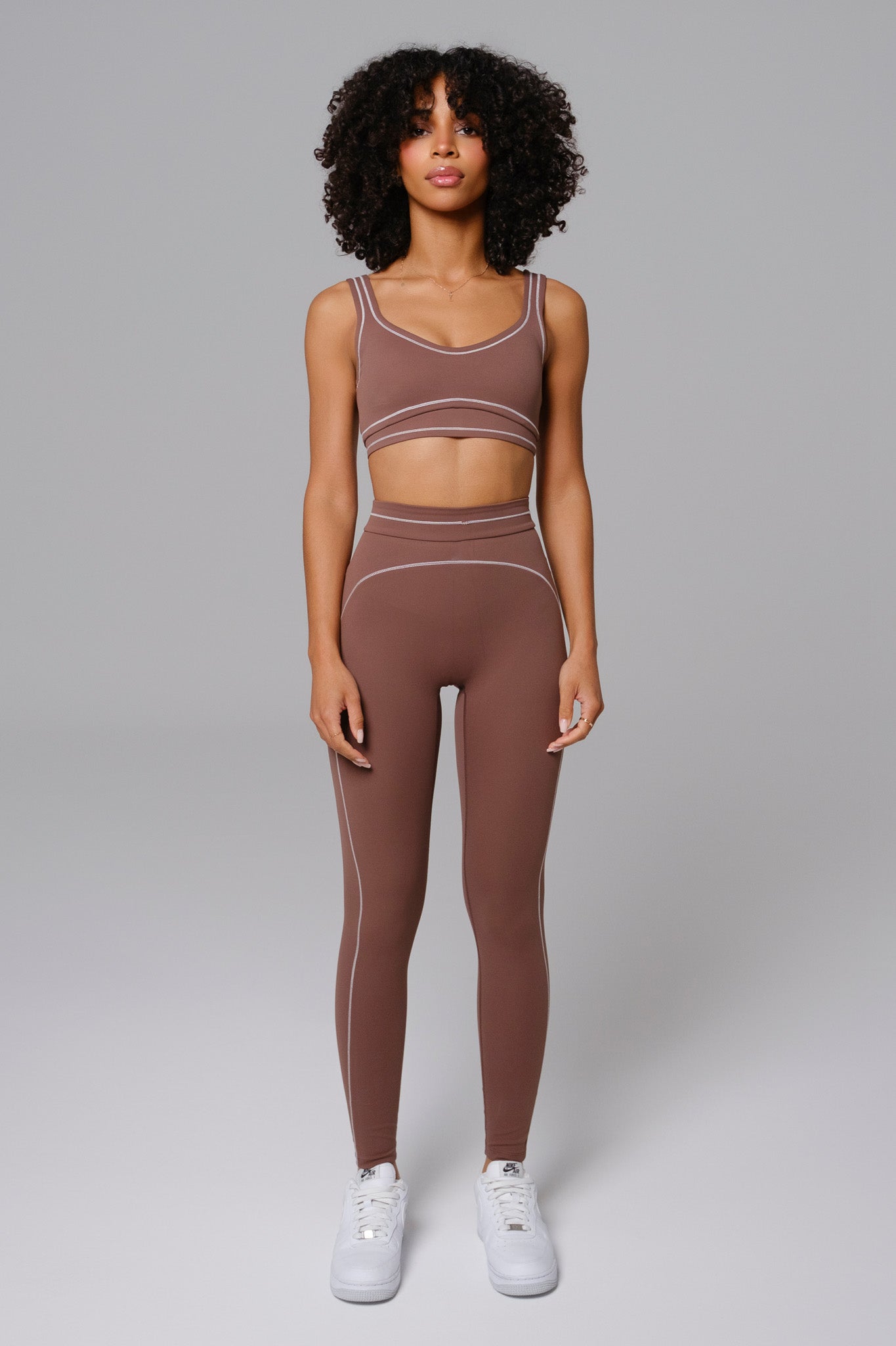 Soft Chestnut Shelly Sports Bra by Maison and Aurora, featuring a comfortable fit and stylish design for active wear.