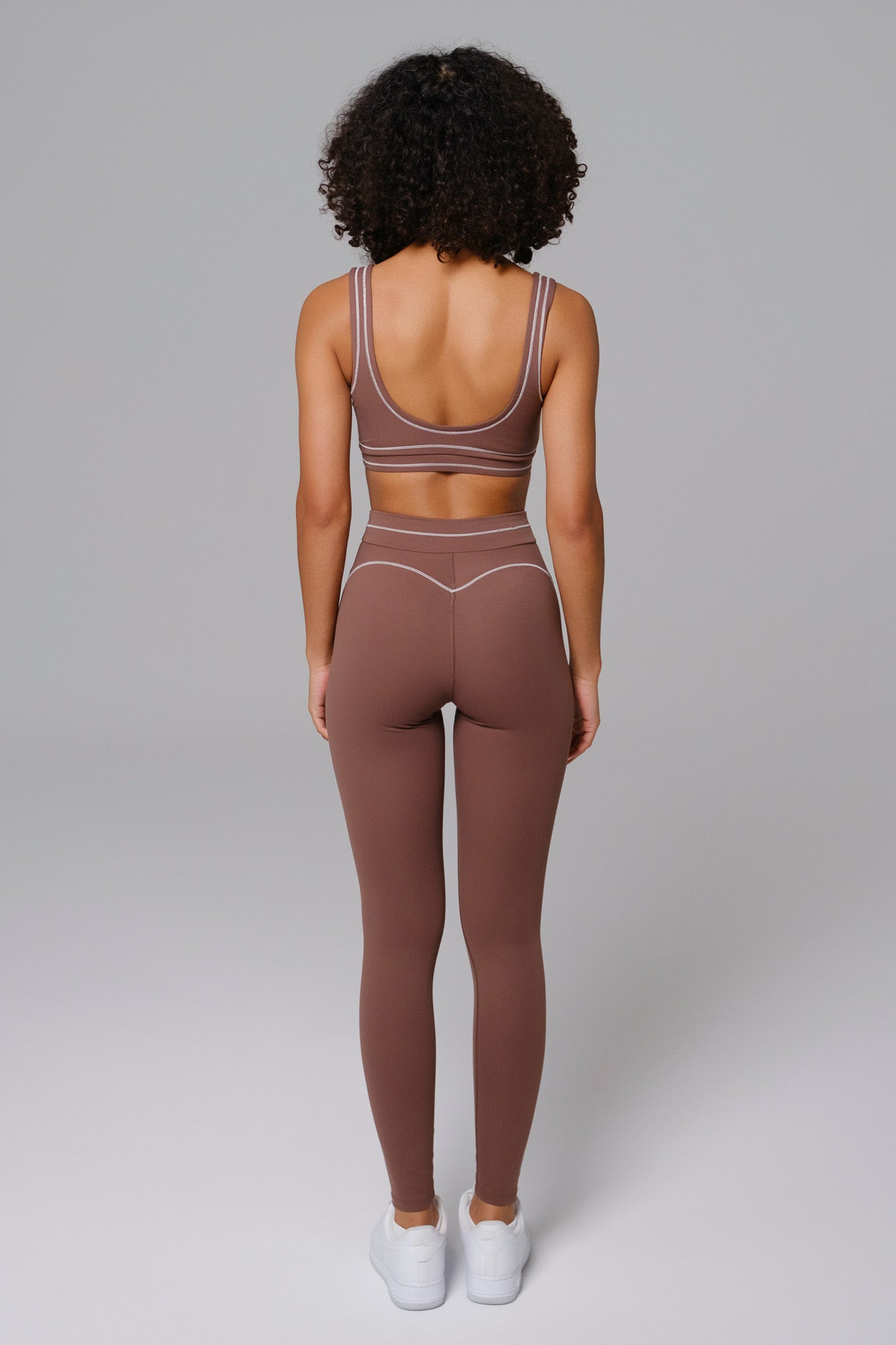 Soft chestnut Shelly sports bra by Maison and Aurora, featuring a comfortable fit and sporty design for active wear.