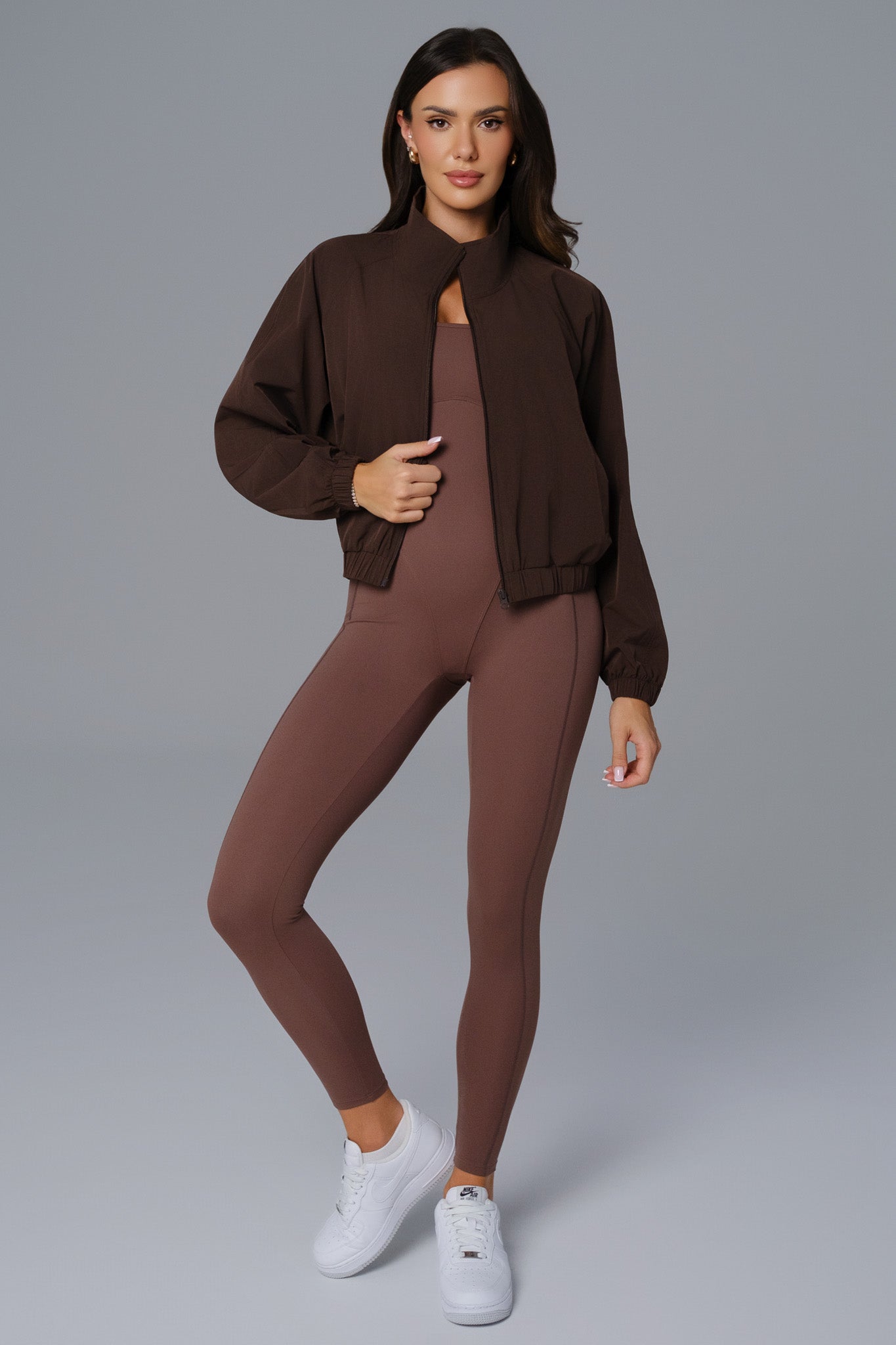 Maison and Aurora Ava cropped windbreaker jacket in russet brown, stylish lightweight top with a fitted design.