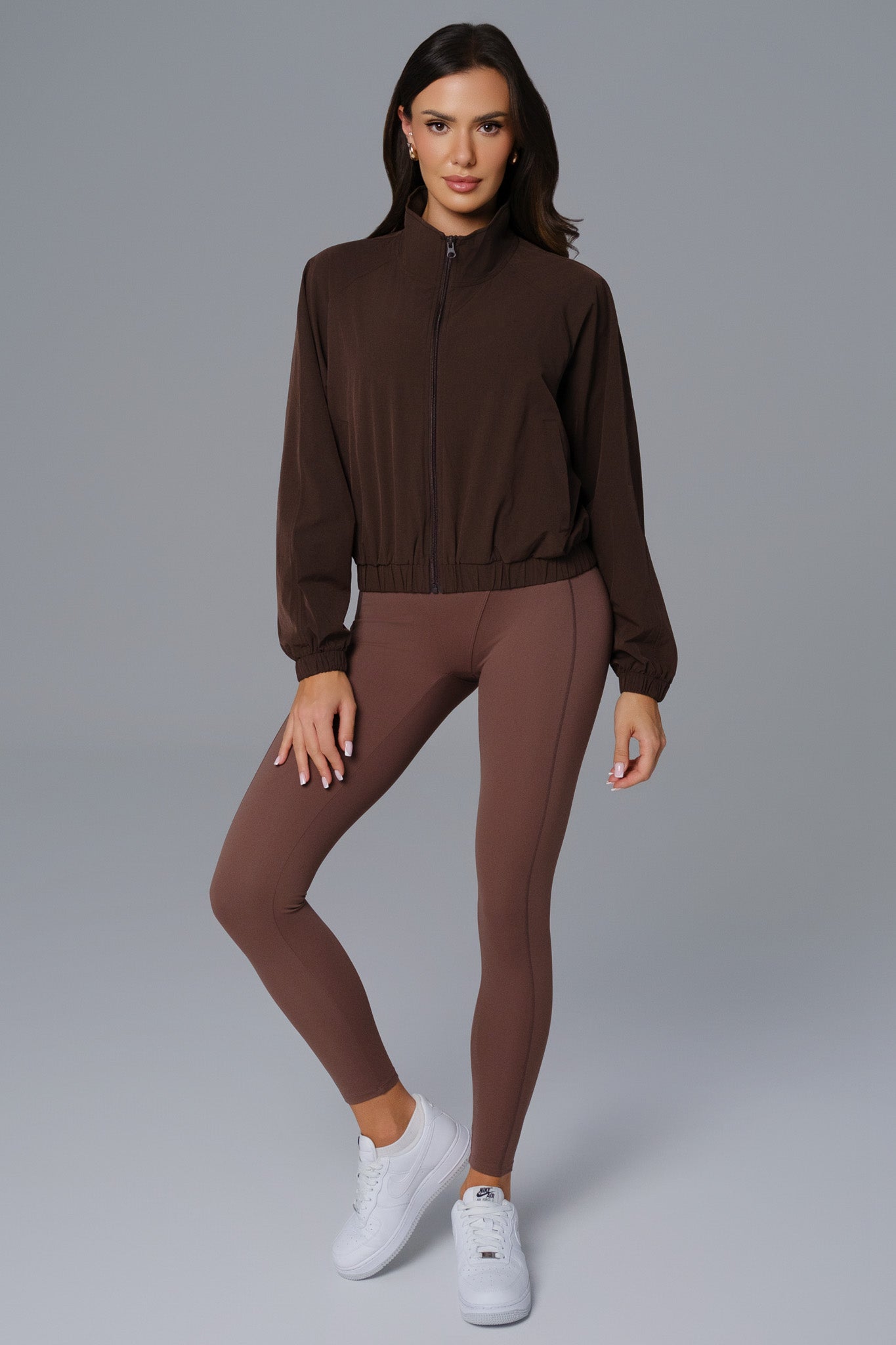 Maison and Aurora Ava cropped windbreaker jacket in russet brown, stylish lightweight top with a fitted design.