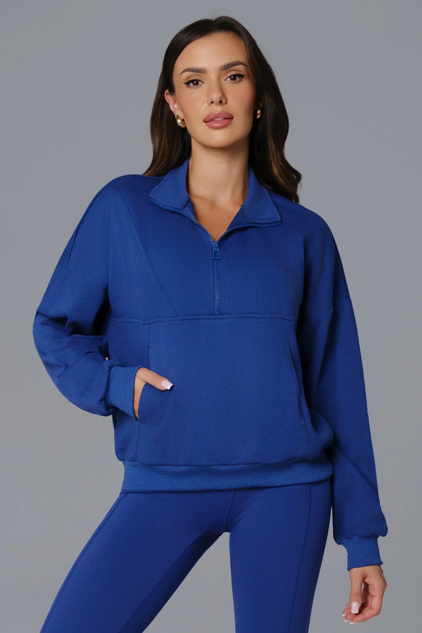 Maison and Aurora Essential Half Zip Sweatshirt in sapphire blue, casual tops with a half-zip front and comfortable fit.