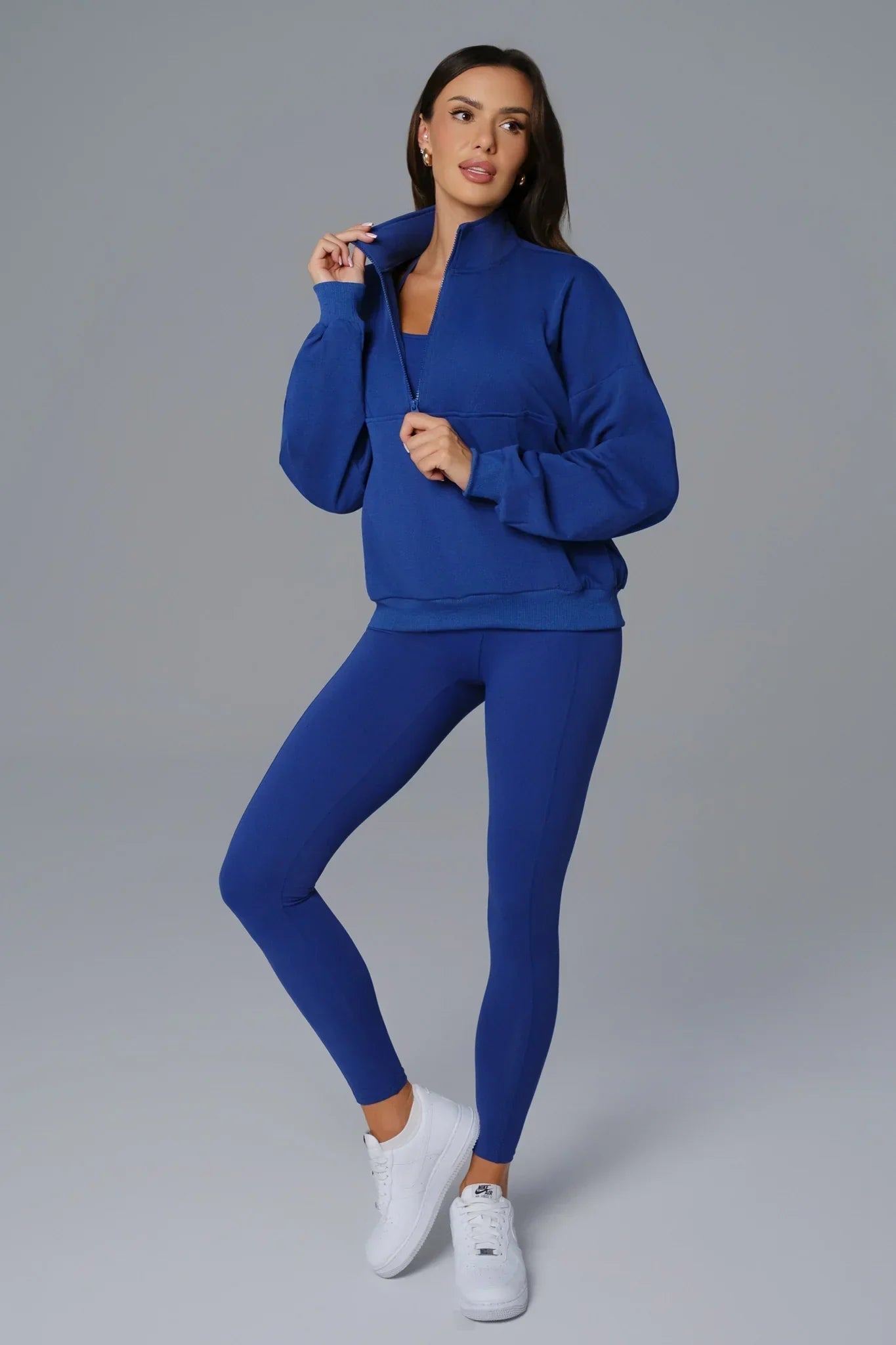 Maison and Aurora sapphire blue half zip sweatshirt, essential casual top with a zip-up collar and relaxed fit.