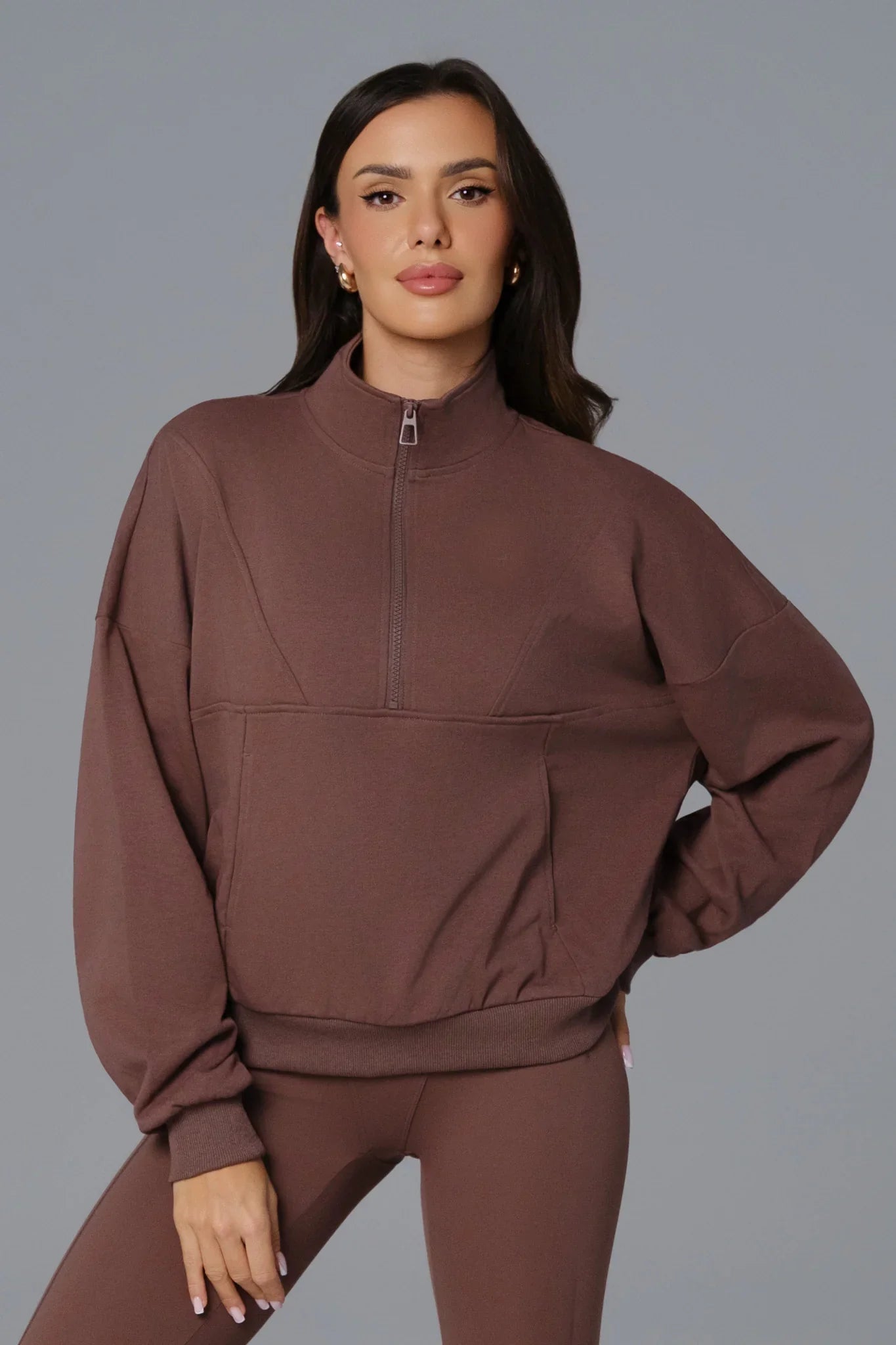 Maison and Aurora Essential Half Zip Sweatshirt in umber, casual long-sleeve top with a half-zip front and relaxed fit.