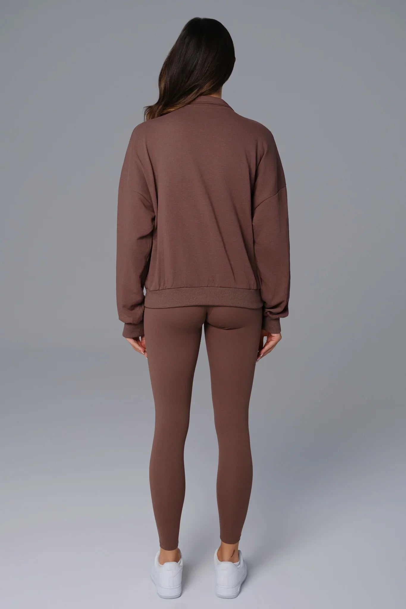 Maison and Aurora Essential Half Zip Sweatshirt in umber, a casual tops style with a half-zip design and comfortable fit.