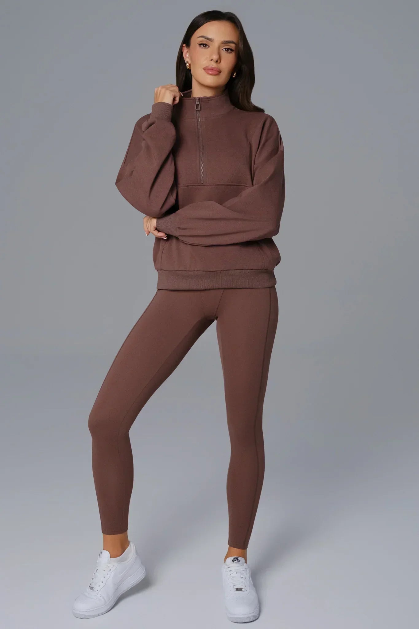 Maison and Aurora Essential Half Zip Sweatshirt in Umber, casual long sleeve top with a half-zip design and comfortable fit.