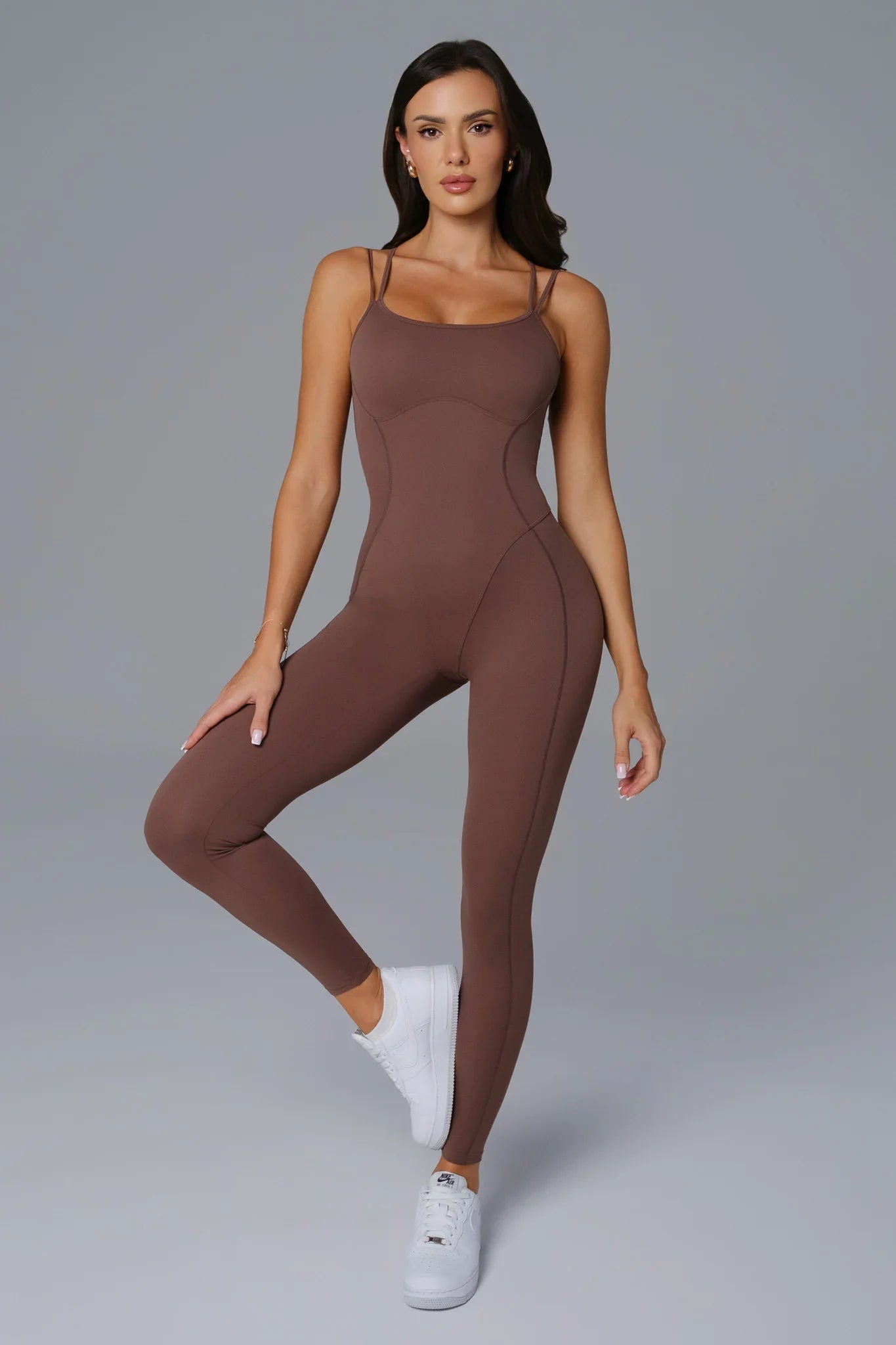 Maison and Aurora essential open back jumpsuit in warm umber, featuring a stylish back design and tailored fit.