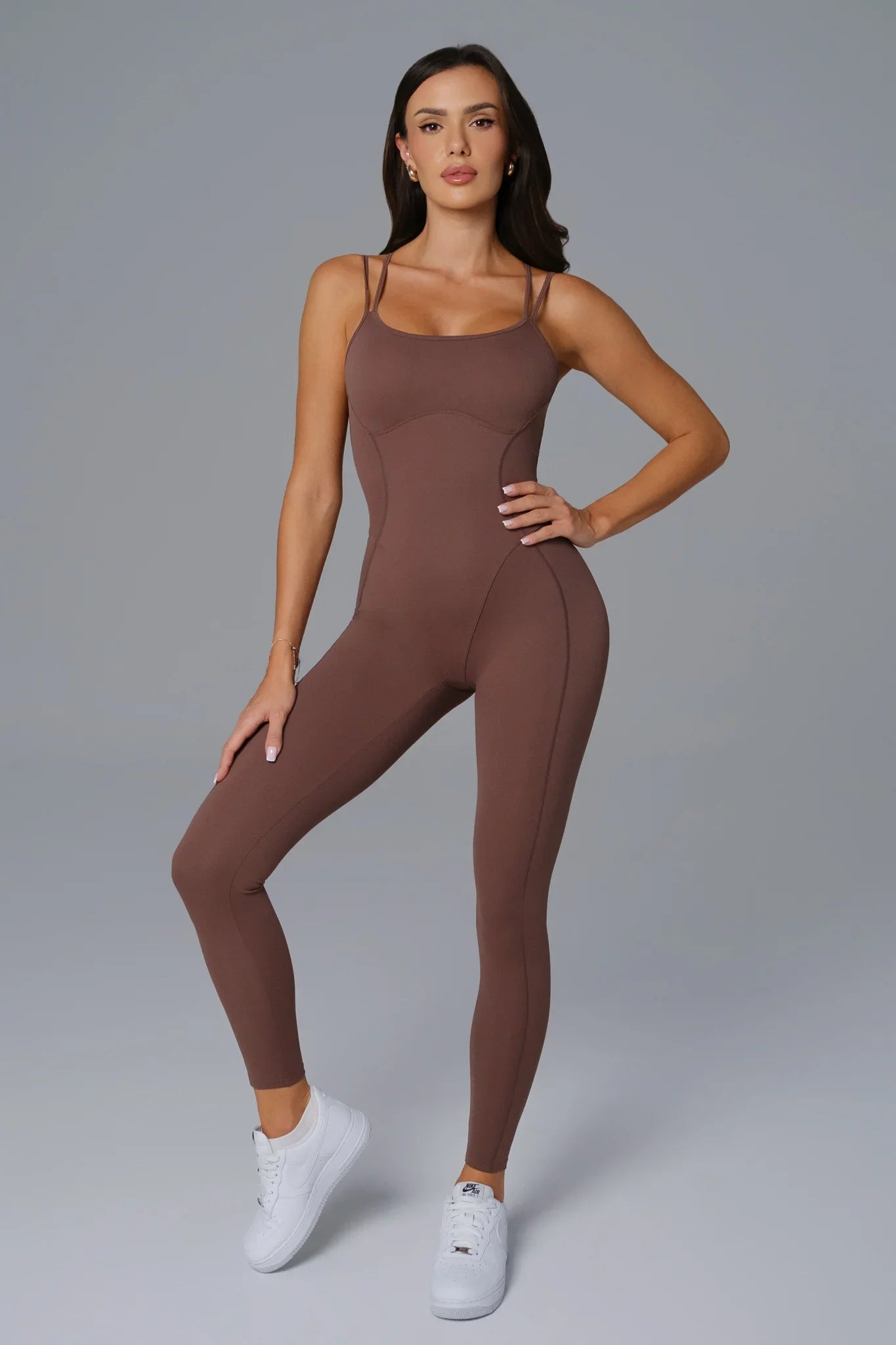 Maison and Aurora essential open back jumpsuit in umber, featuring a stylish open back design and comfortable fit.